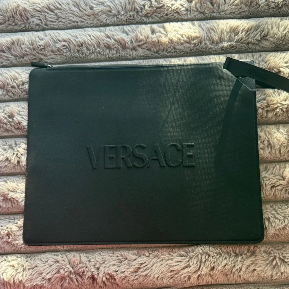 Versace‎ Black Neoprene Wristlet Clutch Zip Pouch Embossed Logo